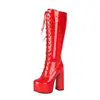 Nuevas Botas de Caballero de Encaje Estilo Británico Caña Alta Charol Botas para Mujer Botas de Tacón Grueso Estilo Callejero Botas de Moda 40-48 Botas de Comercio Exterior
