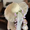 Sombrero de Paja con Encaje Floral para Mujer, Sombrero de Sol de Paja de Ala Ancha para Playa de Vacaciones de Verano en la Costa, Sombrero de Sol de Paja de Ala Ancha para Exteriores