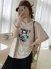 Ying+ Treze Linhas Menina de Rabo de Cavalo Duplo Carta Floco de Neve Camiseta de Algodão Gola Redonda Emagrecedora Versátil Manga Curta Verão M50-6180