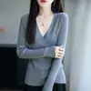 25 Anos Início do Outono Novo Tricô Fino Gola V Manga Longa Feminino Cor Lisa Cruzado Assimétrico Base Camisa Top