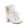 Botas curtas transfronteiriças com cadarços frontais, botas femininas de tamanho pequeno, design floral, botas de exportação de tamanho grande, botas femininas com salto grosso, botas da moda com gola de pele
