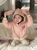 Ropa Infantil Estilo Coreano Nueva Otoño 2026: Sudadera con capucha de rayas y orejas de conejo para niña, chaqueta con cremallera y leggings