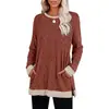 Camiseta de Manga Larga Redonda con Bolsillo y Abertura, Bloques de Color, Estilo Nuevo Otoño/Invierno 2026, Comercio Transfronterizo Europeo y Americano de Amazon para Mujer