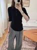 Suéter de lana de una pieza sin costuras, hilado en la isla con lana Merino de hilado fino, con cuello tipo polo, top de punto de manga media, delgado para otoño, 48 unidades