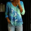 Nueva camisa estampada de cuello V abotonada de manga larga transfronteriza para mujer, elegante y con estilo para ir al trabajo, top casual único y moderno