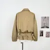 Gabardina corta de doble botonadura con solapa negra y cinturón para mujer, otoño 2026, caqui, Yehong Apparel, algodón