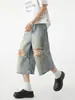 Jeans de Sete Pontos com Design Rasgado Retrô para Homens e Mulheres Lavagem Americana Desgastado Solto Reto Shorts Tendência Atacado