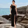 Vestido de noite preto de cetim atacado transfronteiriço assimétrico de um ombro slim-fit fenda mostra fino vestido de festa longo