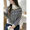 Cárdigan de punto a rayas de color contrastante con cuello redondo y manga larga para mujer, nuevo diseño de primavera y otoño, chaqueta suéter superior exterior única
