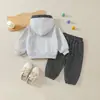 Conjunto com Capuz de Cachorrinho Infantil Primavera/Outono Meninos Cinza Hoodie + Calça Longa Listrada Conjunto de Duas Peças
