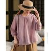 Camisa Vintage Feminina Costura Renda Bainha Camisa Cor Sólida Linho Camisa Top Verão