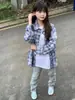 Camisa de Manga Larga de Cuadros Azules Bordada Grande Estilo Americano para Mujer, Top Chaqueta Casual Holgado