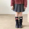 Zapatos, algodón, calcetines para niñas, estampado de cuadros, etiqueta de tela abotonada, calcetines con volantes, color café retro, hilo de punto, calentadores de piernas para niñas