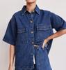 Transfronterizo Europeo y Americano Primavera y Verano 2025 Nuevo Retro Casual Holgado Pantalones con Bolsillo de Solapa Camisa de Manga Corta Shorts Traje de Mezclilla para Mujer