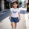 Conjunto de Verão 2026 para Meninas Novo Estilo Infantil Renda Pérola Borboleta Manga Curta Fino Casual Conjunto de Duas Peças para Bebês
