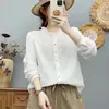 Camisa artística de estilo francés de manga larga para mujer con tapeta de encaje y botones coloridos, suave y agradable para la piel, hecha de gasa de algodón de doble capa de algodón puro