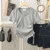 Camiseta Feminina de Verão Estilo Europeu e Americano de Algodão com Renda nas Duas Laterais, Pregueada, Manga Curta, Slim-fit, Cor Sólida, Top Curto para Cabelo