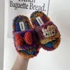 Pantufas de Pelúcia Color Block Xadrez para Meninas, Quentes para Outono e Inverno, Laço de Desenho Animado, Antiderrapante, Pantufas de Algodão para Casa, Tricotadas