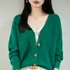Suéter de algodón puro, nuevo cárdigan de punto con cuello en V para otoño e invierno, abrigo para mujer, prenda exterior holgada, capa base engrosada, mangas largas