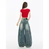 Jeans anchos de pierna recta con efecto desgastado retro americano para mujer, nuevos de verano 2026, de cintura alta, versátiles, tipo plátano de hoz