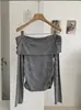 Kekezoon Camiseta Listrada Simples Estilo Coreano com Gola Uma Linha Ombro a Ombro para Mulheres Outono 2026 Novo Top Color Block 8368