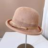Sombrero de Pescador Fresco de Estilo Japonés para Niños Verano Protección Solar Sombrero Tejido Sombrero de Albóndiga Rizada Lazo Pequeño Color Sólido Sombrero de Cubeta