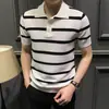 Polo de Manga Corta a Rayas de Verano de Alta Gama para Hombre, Camiseta Versátil de Moda de Corte Slim con Cuello Vuelto, Camiseta Casual Elegante de Negocios a la Moda