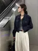 Chaqueta corta de mezclilla estilo europeo para mujeres petite, estilo coreano 2026, adelgazante, holgada, casual, con cuello de solapa