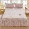 Saia de Cama de Peça Única de Algodão Colcha Conjunto de Três Peças Renda Espessada Lençol de Cama Esfoliante Fronha Franzida Roupa de Cama de Alta Qualidade