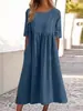 Vestido Casual de Verão 2025 para Estação Independente da Amazon, Novo, Algodão e Linho, Manga Curta, Bolso, Pregueado, Solto, Gola Redonda