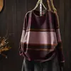 Otoño 2026 Nuevo Estilo Vintage Rayas Bloques de Color Suéter de Punto Desgastado Holgado Cuello Redondo Jersey con MHT