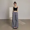 Calça Wide Leg Solta Retro de Duas Cores com Padronagem Xadrez, Versátil, Emagrecedora, Estilo Preguiçoso, Perna Reta, Design de Botão, Calça Casual para Mulheres, Atacado
