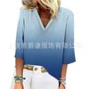 Ropa de Mujer Transfronteriza Sitio Independiente de Amazon Verano Más Vendido Color Degradado Estampado Cuello en V Suéter Camiseta Casual de Manga Tres Cuartos