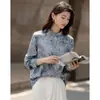 Camisa Retro de Manga Larga con Estampado de Líneas Tie-Dye Tinta China Primavera 2026 con Cierre de Botones en la Espalda para Moda de Mujer Petite