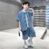 Conjunto Jeans Botonê para Meninos, Novo Estilo de Verão, Conjunto de Duas Peças com Padrão de Dragão, Tendência Nacional Infantil, Conjunto Estiloso Estilo Tang para Crianças Maiores