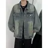 Chaqueta de mezclilla azul tachonada estilo retro americano para hombre, chaqueta casual de otoño lavada y desgastada con solapa gruesa, abrigo de mezclilla