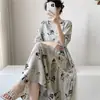 Bata de Noche de Primavera y Verano para Mujer Vestido Plisado Floral Nuevo de Verano Algodón Seda Estilo Literario Pijama Elegante Falda de Algodón Seda