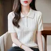 Camiseta de Punto de Algodón Puro Estilo Nuevo Ajuste Delgado Cuello Polo Retorcido Manga Corta para Mujer Camiseta Casual para Mujer