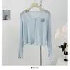 Camisa de Tricô com Gola Redonda Fina, Flores Costuradas, Manga Curta/Longa, Proteção Solar, Verão, Nova, Slim, Cardigan Top