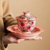 Tigela de Cobertura Nove Pêssegos Rosa Pastel de Fábrica Xícara de Chá de Cerâmica Grande Estilo Chinês Retrô Tigela de Chá Única de Alta Qualidade com Tampa