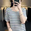 Suéter de punto para mujer, cuello redondo, rayas horizontales francesas, hueco, fino, manga corta, casual, para ir al trabajo, primavera y verano, hilo de algodón