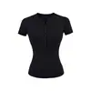 Camiseta de Manga Corta Henley con Cintura Alta Elástica Adelgazante, Versátil de Verano, Ajustada, Color Sólido, Camiseta Básica Deportiva Casual para Mujer