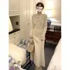 Vestido de tricô de renda elegante estilo francês para outono precoce para mulheres, primavera e outono luxuoso estilo princesa estilo balé justo longo