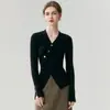 Suéter de Cachemira 100% Puro de Moda y Sencillo~Cuello en V Cruzado para Mujer Botones Tejido de Canalé Suéter Adelgazante