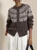 Feira de Roupas Femininas Europeias e Americanas Transfronteiriça Cardigã de Tricô Jacquard Fair Isle Outono Novo Estilo Retrô Gola Redonda Casaco Suéter Solto