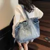 Bolsa tote jeans casual descontraída de grande capacidade estilo retrô coreano, bolsa de ombro confortável, durável e versátil