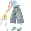Jeans cropped masculino vintage, shorts versátil estilo americano desgastado, calças largas soltas rasgadas lavadas para o verão