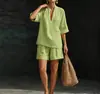 Estilo Old Money Conjunto de Linho Feminino Verão Solto Gola V Manga Curta Calça Wide Leg Conjunto de Duas Peças Sensação Preguiçosa Relaxada