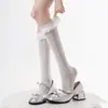 Meias de renda Lolita com cano alto para primavera e outono com fita de laço meias de cano alto estilo ballet branco meias de cano médio jk