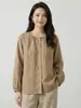Camisa de Linho 100% Puro com Manga Sino Estilo Japonês para Mulheres, Blusa de Botão com Gola Redonda para Primavera e Verão, Camisa de Corte Solto com Proteção Solar para o Dia a Dia